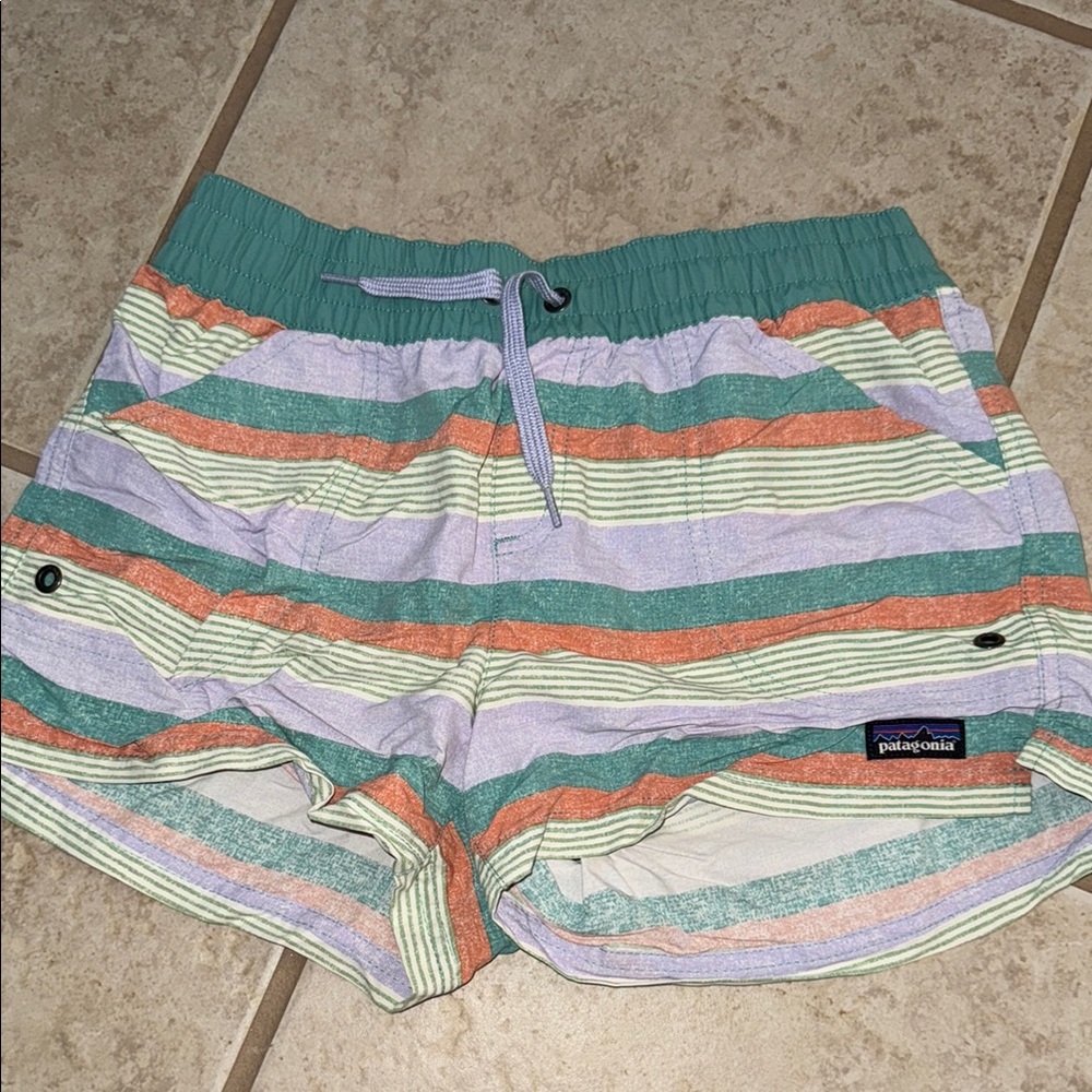 Patagonia Kids Striped Shorts - Green, Orange, Cream